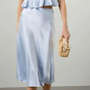 Club Monaco Baby Blue Silk Midi Skirt Size 4 A-line Satin Coquette Designer $268